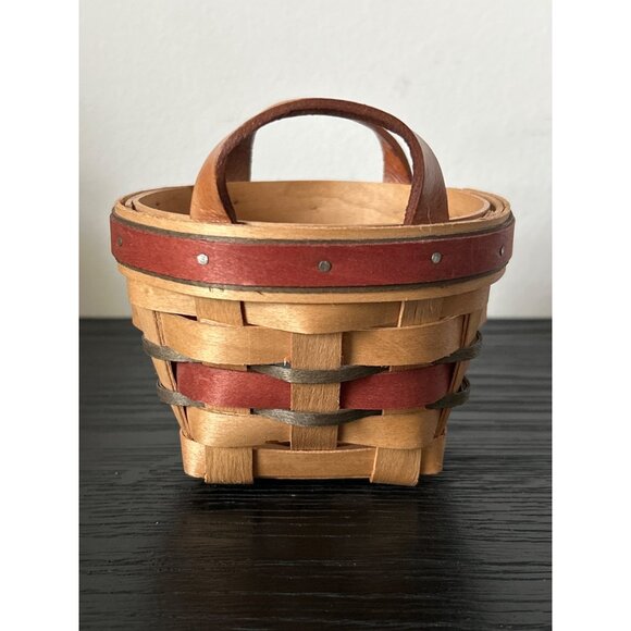 VTG Miniature Woven Basket w/Leather Handles Red Accents Primitive Country Charm - Picture 2 of 9